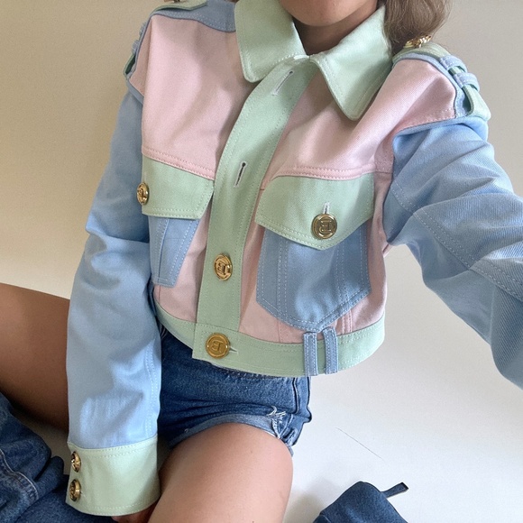 Balmain Multicolor Pastel Crop Blue Pink Seafoam Green Button Jacket Denim - Picture 5 of 11